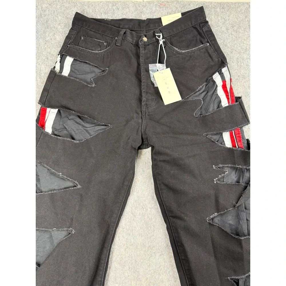 MNML D284 Distressed Jeans Mens 32 Black Cotton Cut Out Streetwear Grunge New